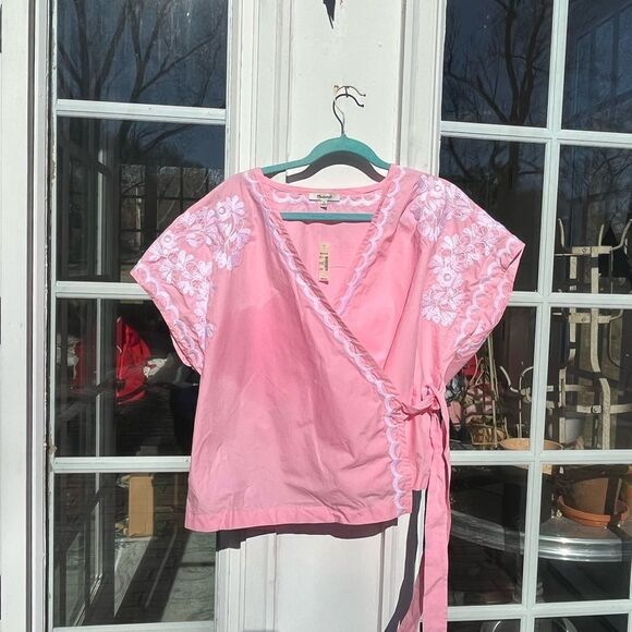 Madewell Pink Wrap Blouse with White Embroidery - Picture 9 of 12
